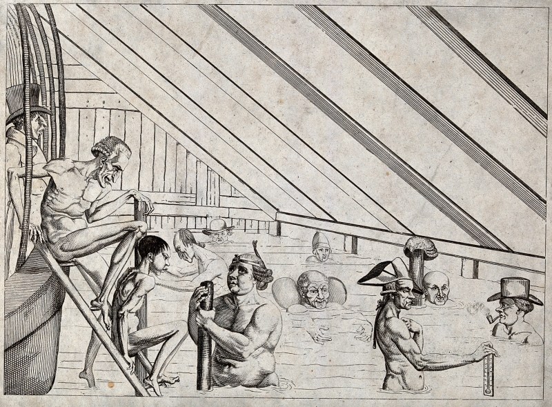 V0020035 Men bathing in a public bath. Engraving.
